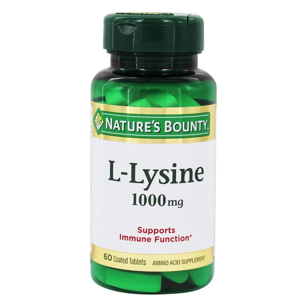 Nature's Bounty L-Lysine 1000mg bottle close-up for daily wellness routine.
