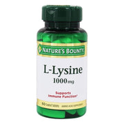 Nature's Bounty L-Lysine 1000mg bottle close-up for daily wellness routine.