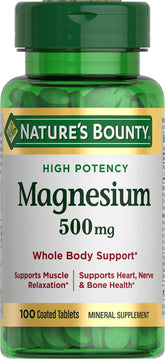 Nature's Bounty Magnesium bottle front supports bone and muscle health daily