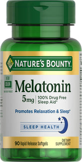Nature's Bounty Melatonin bottle close-up highlighting 5 mg dose for restful nights
