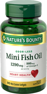 Nature's Bounty Mini Fish Oil Softgels bottle view highlighting heart-supporting omega-3.