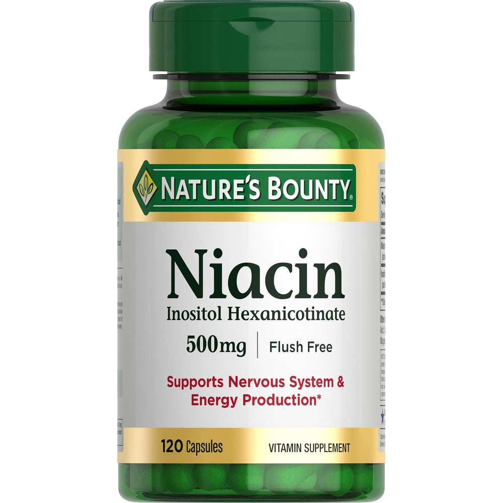 Nature's Bounty Niacin 500mg flush-free bottle supports daily energy.