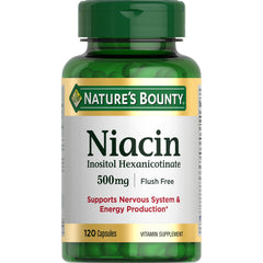 Nature's Bounty Niacin 500mg flush-free bottle supports daily energy.