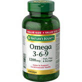 Nature's Bounty Omega-3-6-9 softgel bottle for easy daily use and balanced nutrients.