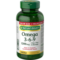 Nature's Bounty Omega-3-6-9 softgel bottle for easy daily use and balanced nutrients.