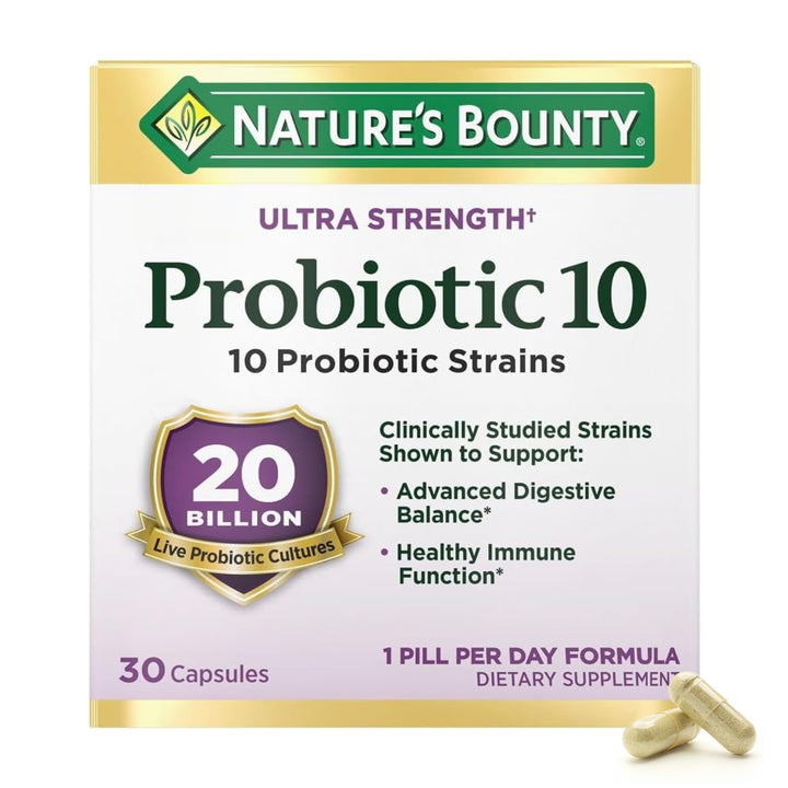 Nature's Bounty Probiotic 10 bottle front for daily digestive support.