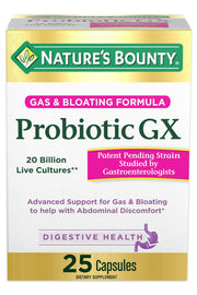 Nature's Bounty Probiotic GX bottle front promoting daily digestive comfort and balanced gut health
