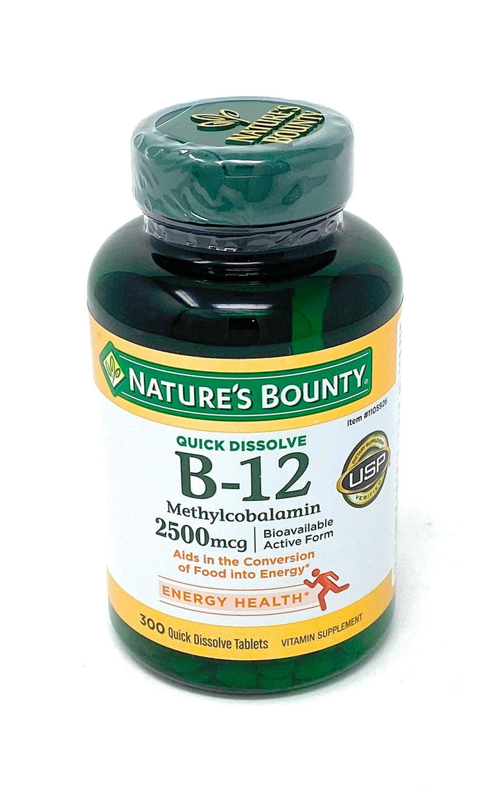 Nature's Bounty Quick Dissolve B-12 under-tongue tablet dissolving rapidly for fast support.