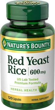 Nature's Bounty Red Yeast Rice bottle with 120 capsules, quality-tested for purity.