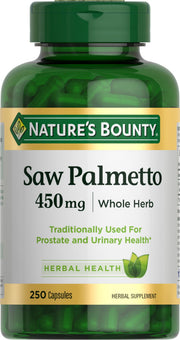 Nature's Bounty Saw Palmetto 450 mg bottle for dosage and prostate support