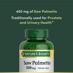 Nature's Bounty Saw Palmetto bottle close-up highlighting capsule form