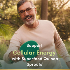 Nature's Bounty Superfoods Plus Energy label close-up, non-GMO vegetarian formula.