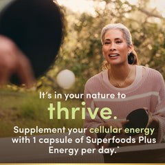 Nature's Bounty Superfoods Plus Energy capsules arranged, simple daily supplement routine.