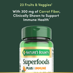 Close-up of Nature's Bounty Superfoods Plus Immune label highlighting ingredients.