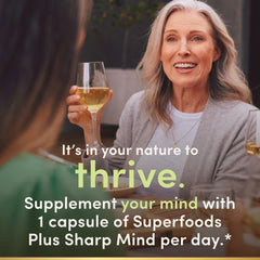 Nature's Bounty Superfoods Plus Sharp Mind bottle closeup with easy dosing