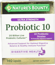 Nature's Bounty Ultra Strength Probiotic 10 bottle closeup for digestive balance