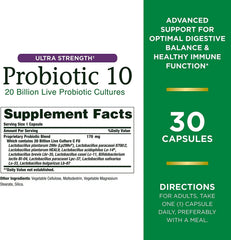 Nature's Bounty Ultra Strength Probiotic 10 twin-pack bottle back with 20 billion CFU details.