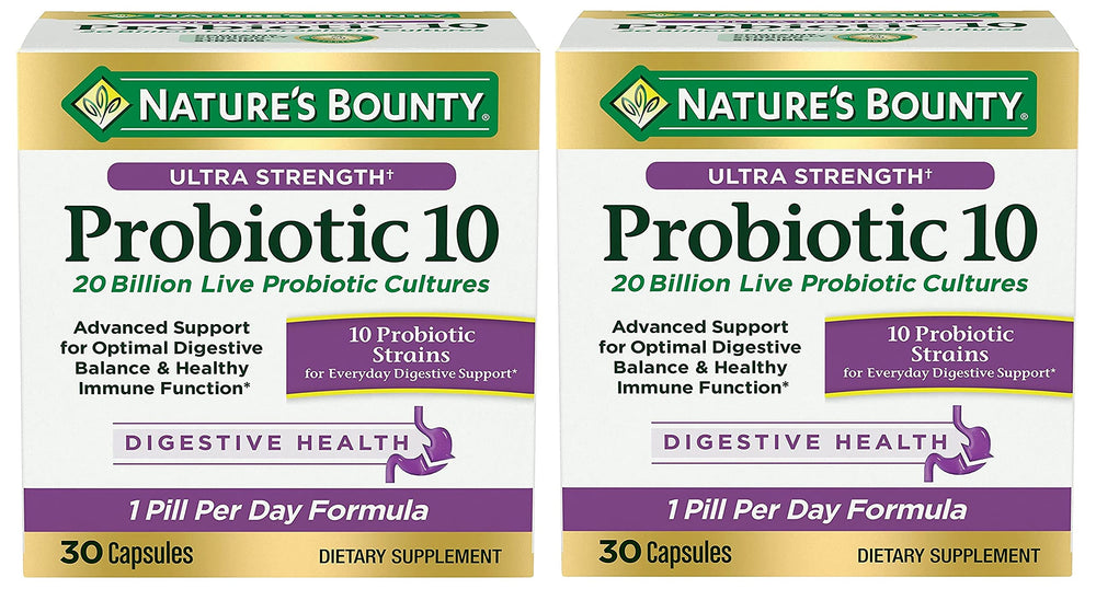 Nature's Bounty Ultra Strength Probiotic 10 twin-pack bottle front showing daily digestive balance potential.