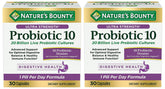 Nature's Bounty Ultra Strength Probiotic 10 twin-pack bottle front showing daily digestive balance potential.