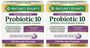 Nature's Bounty Ultra Strength Probiotic 10 twin-pack bottle front showing daily digestive balance potential.