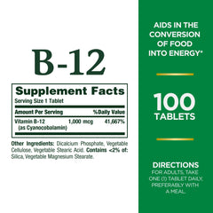 Nature's Bounty Vitamin B12 bottle label close-up, 1000 mcg per tablet