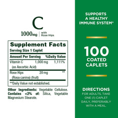 Nature's Bounty Vitamin C plus Rose Hips pack showing 1000 mg antioxidant caplets.