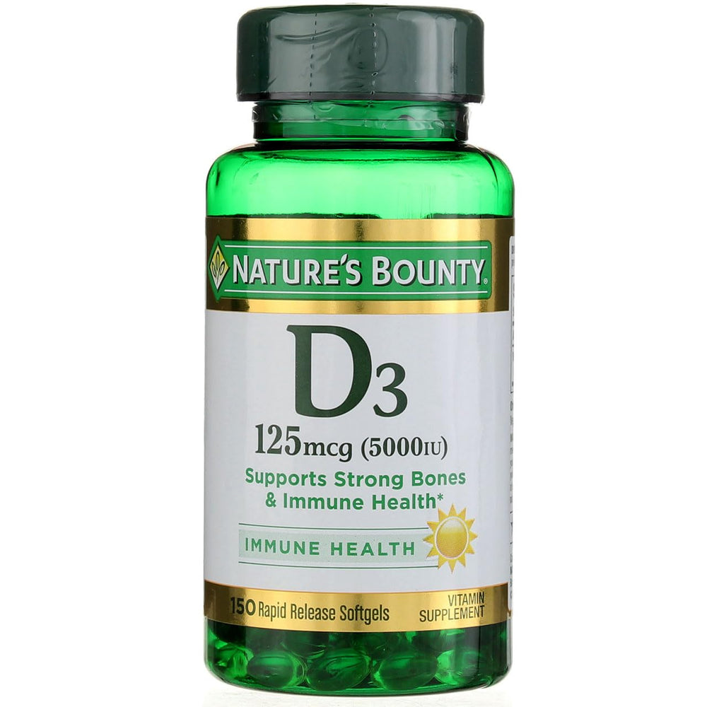 Nature's Bounty Vitamin D-5000 IU softgels bottle front view for daily wellness