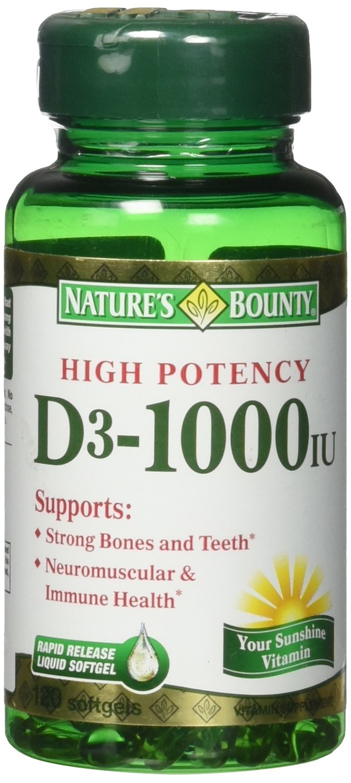 Nature's Bounty Vitamin D3 1000 IU softgels bottle for daily bone and dental health
