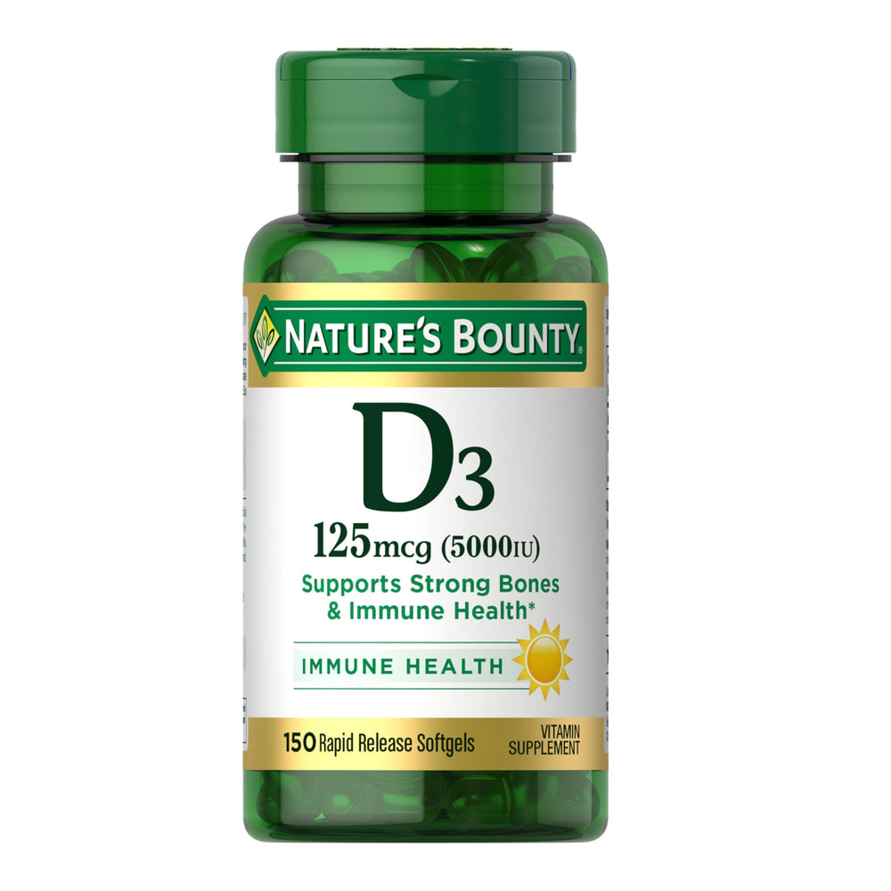 Nature's Bounty Vitamin D3 5000 IU softgels bottle signaling immune support potential.