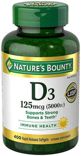 Nature's Bounty Vitamin D3 bottle with softgels for daily immune support.