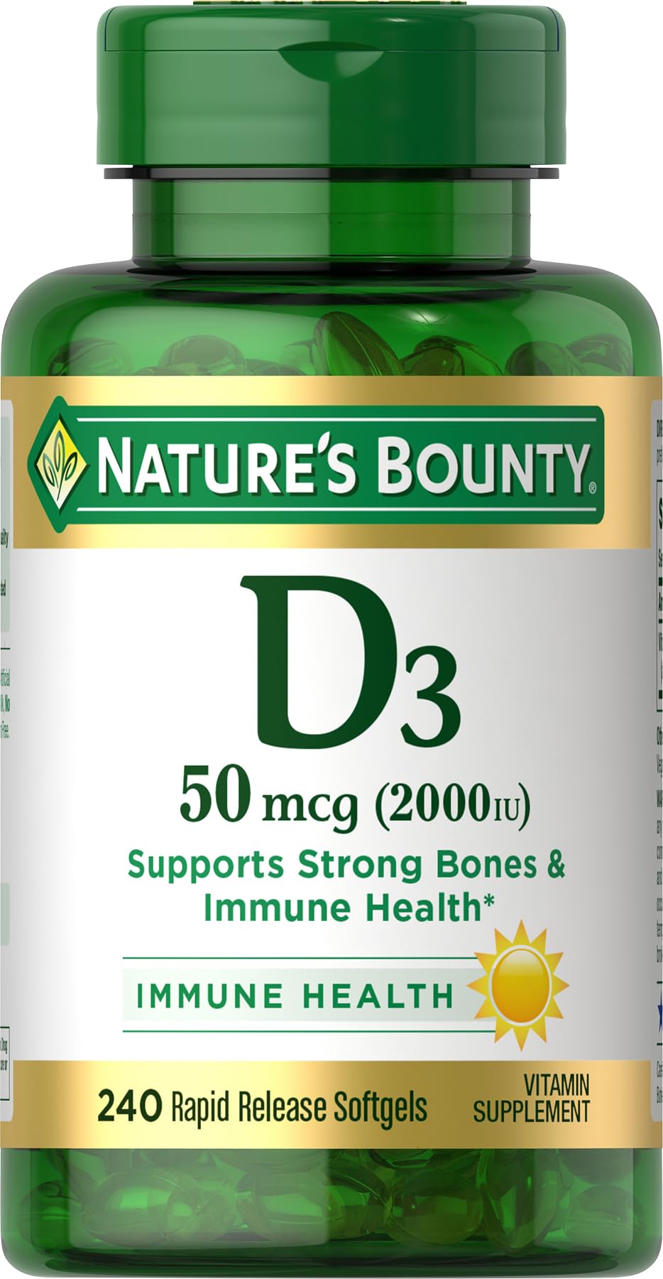 Nature’s Bounty Vitamin D3 bottle highlighting immune and bone support benefits.