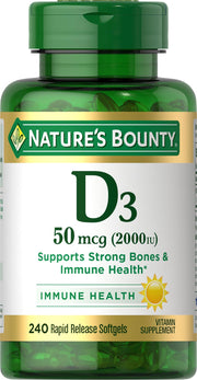 Nature’s Bounty Vitamin D3 bottle highlighting immune and bone support benefits.