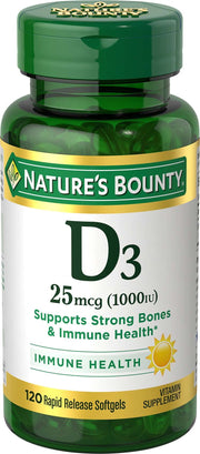 Nature's Bounty Vitamin D3 softgels bottle supports daily immune and bone health.