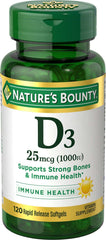 Nature's Bounty Vitamin D3 softgels bottle supports daily immune and bone health.