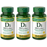 Nature's Bounty Vitamin D3 softgels bottle shows daily immune support potential.
