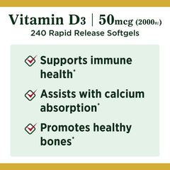 Nature's Bounty Vitamin D3 label on bottle emphasizing immune system support