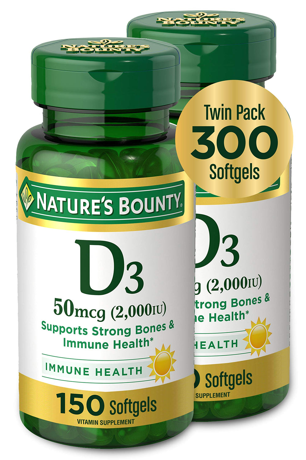Nature's Bounty Vitamin D3 twin-pack bottle on shelf highlighting immune support.