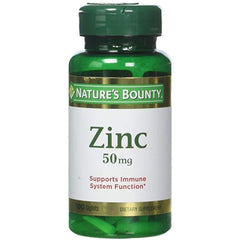 Nature's Bounty Zinc 50 mg caplets bottle-label close-up shows non-GMO and gluten-free formula.