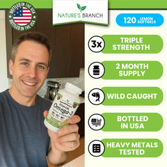 Nature's Branch lemon-burpless omega-3 softgels close-up highlights easy swallowing.