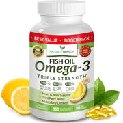 Nature's Branch triple-strength Omega-3 bottle front with lemon burpless softgels for daily support