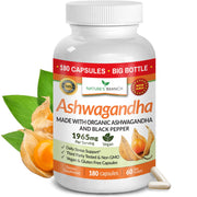 Nature's Branch udaf-verified ashwagandha bottle pour supports daily stress management.