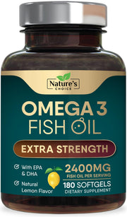 Nature's Choice Omega 3 fish oil bottle front, triple strength formula for daily wellness.