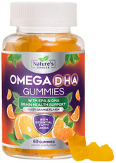 Nature's Choice Omega 3 Gummies orange bottle with triple strength DHA and EPA for daily support.