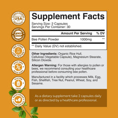 Natures Craft bee pollen capsules closeup showing compact, easy-to-swallow supplement.