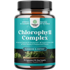 Natures Craft chlorophyll capsules bottle close-up highlighting internal deodorant support