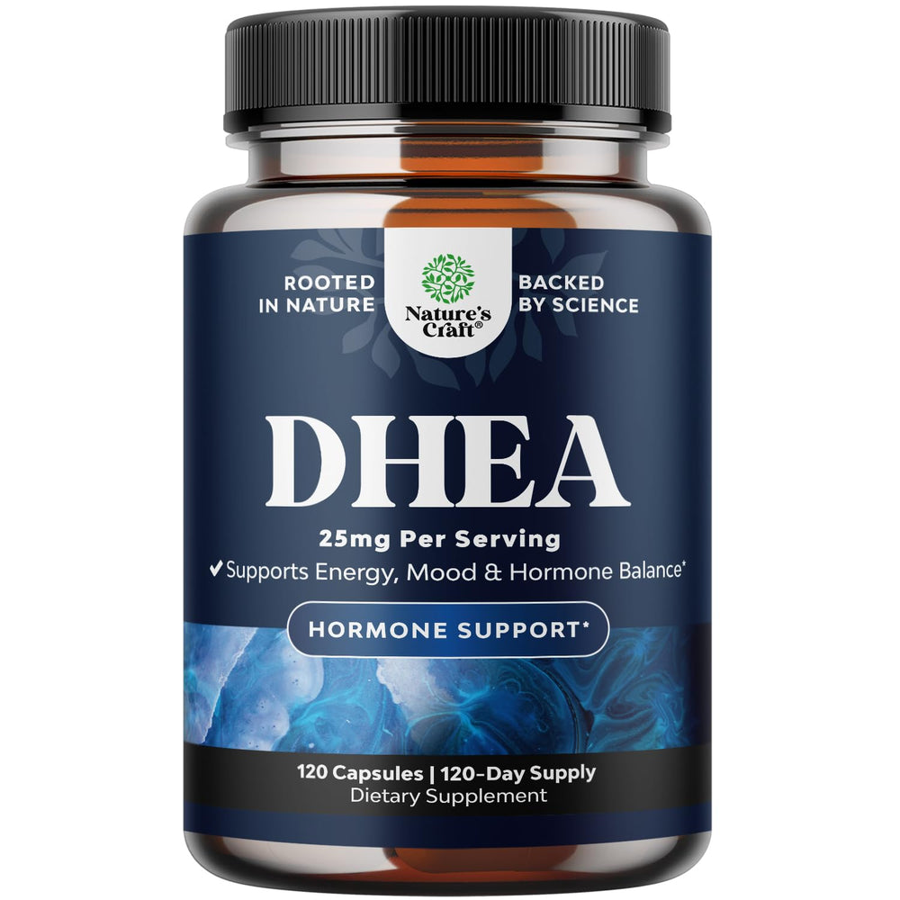 Natures Craft DHEA 25mg capsule bottle supports hormone balance and daily vitality.