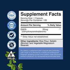 Natures Craft DHEA ingredients label shows 25mg capsules for mood and focus support.