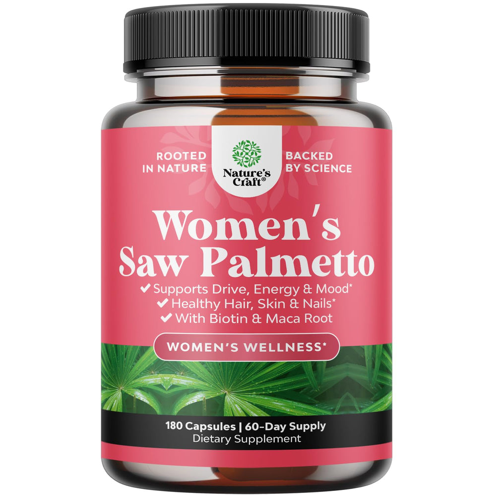 Natures Craft Extra Strength Saw Palmetto bottle label highlights premium ingredients.