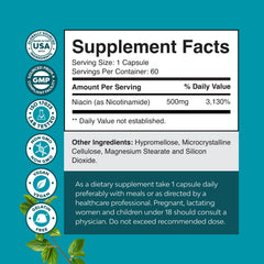 Natures Craft flush-free niacinamide 500mg capsules, close-up image