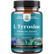 Nature's Craft Free Form L Tyrosine 500mg capsules on a display bottle for daily mental energy.